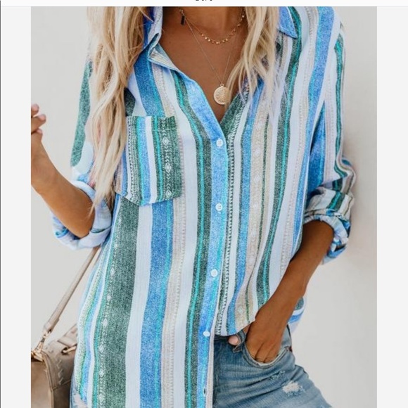 1 Left! Striped L.S. Button Down Top in Cool Colors - Picture 6 of 6